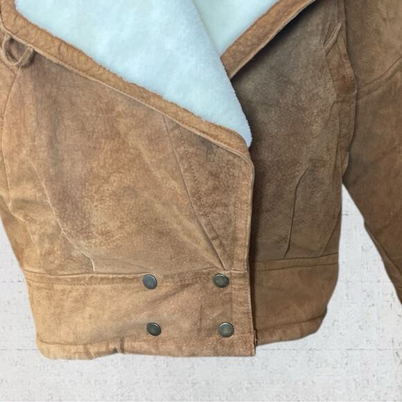 Vintage Karizma Brown Suede Leather Moto Jacket Faux Fur Shearling Size L - Picture 3 of 11